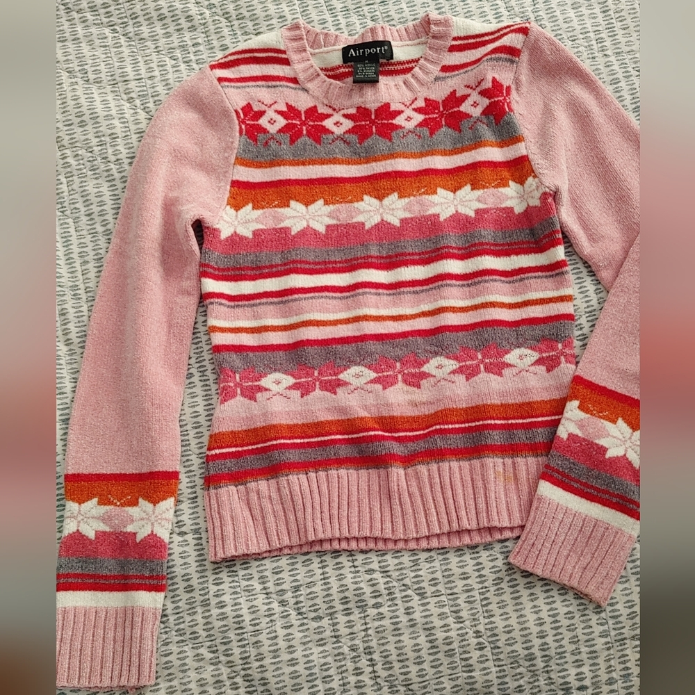 Festive Pink and Red Knit Sweater with Geometric Stripes